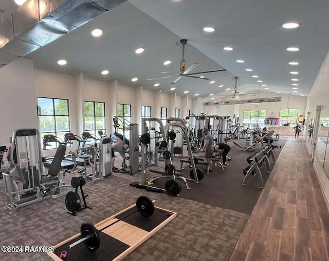 workout area featuring hardwood / wood-style floors, a notable chandelier, and high vaulted ceiling