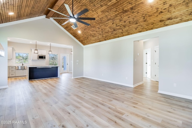 unfurnished living room with wooden ceiling, high vaulted ceiling, sink, ceiling fan, and light wood-type flooring