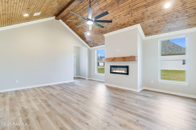 unfurnished living room featuring a healthy amount of sunlight, high vaulted ceiling, wooden ceiling, and light wood-type flooring