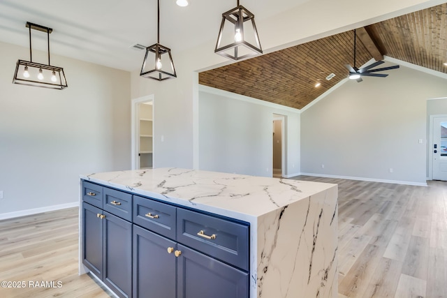 kitchen featuring ceiling fan, pendant lighting, wooden ceiling, vaulted ceiling with beams, and a kitchen island