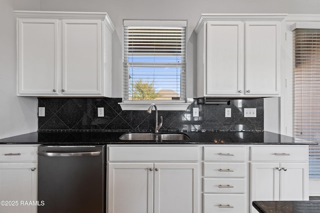 kitchen featuring backsplash, dishwasher, white cabinetry, and sink