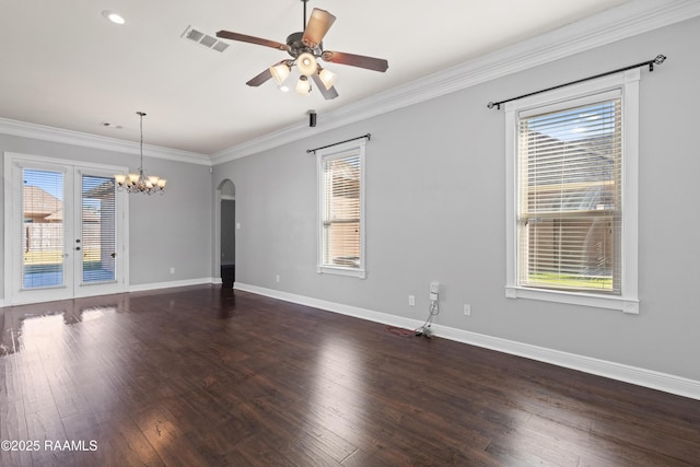 unfurnished room featuring french doors, ceiling fan with notable chandelier, dark hardwood / wood-style floors, and ornamental molding