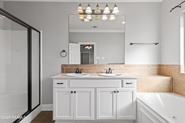 bathroom with ornamental molding, vanity, separate shower and tub, ceiling fan, and tile patterned flooring