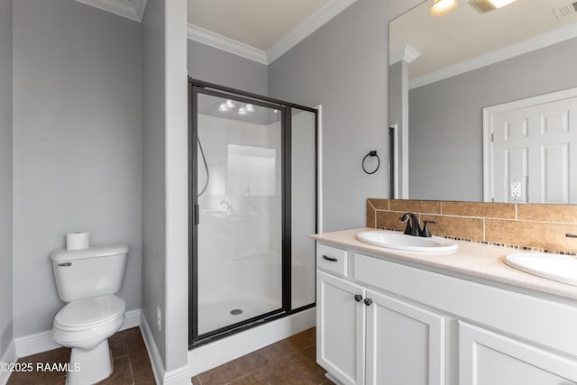 bathroom with toilet, vanity, tile patterned floors, and a shower with shower door