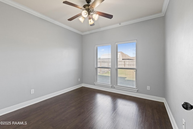 unfurnished room with ceiling fan, dark hardwood / wood-style flooring, and crown molding