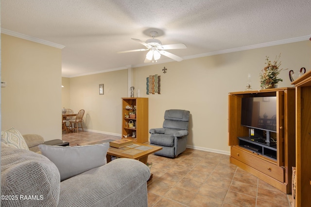 living room with a textured ceiling, ceiling fan, and ornamental molding