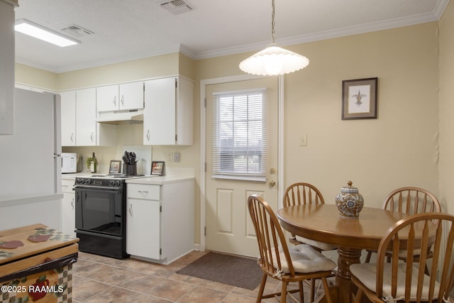 kitchen with white cabinets, black range with electric stovetop, hanging light fixtures, and ornamental molding