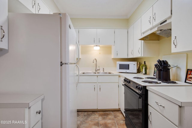 kitchen with white appliances, white cabinetry, ornamental molding, and sink