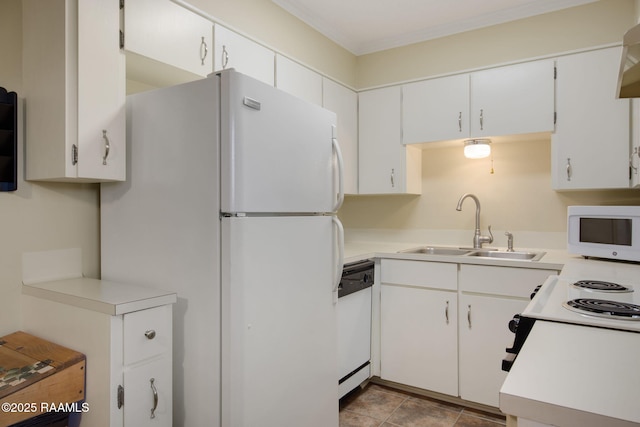 kitchen with white cabinetry, white appliances, sink, and ornamental molding