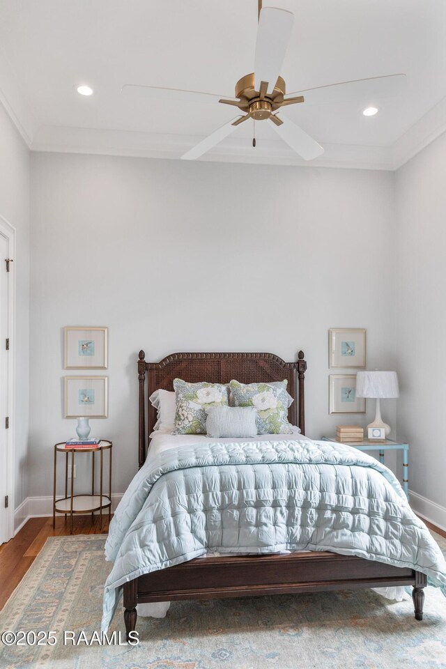 209 Vineyard Row, Lafayette, LA 70508 - bedroom with wood finished floors, crown molding, recessed lighting, baseboards, and a ceiling fan
