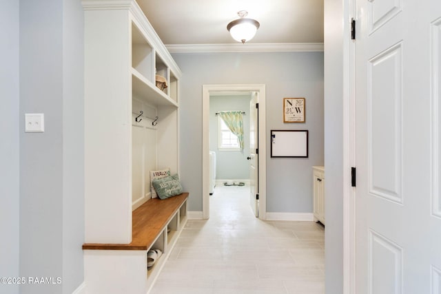 mudroom featuring ornamental molding