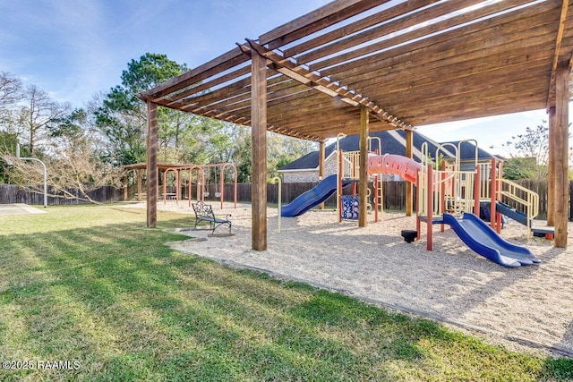 view of play area with a pergola and a yard