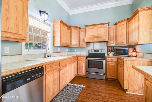 kitchen featuring sink, ornamental molding, appliances with stainless steel finishes, tasteful backsplash, and dark hardwood / wood-style flooring