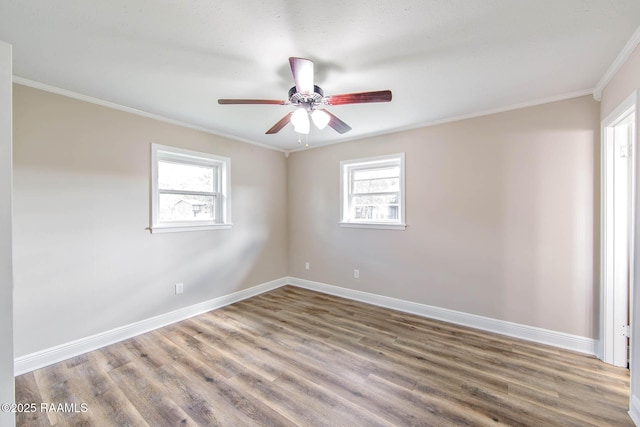 unfurnished room with ceiling fan, wood-type flooring, and ornamental molding