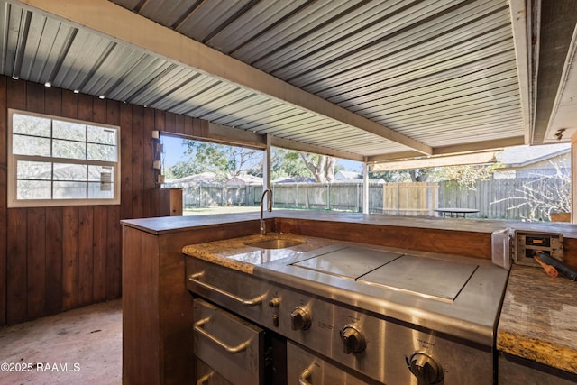 interior space featuring wood walls, sink, and dark brown cabinets