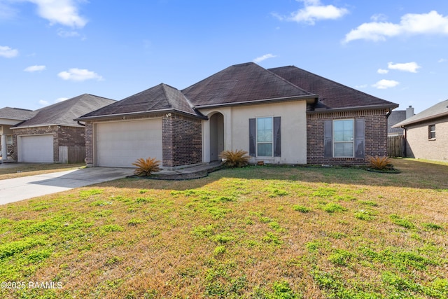 ranch-style house with a garage and a front yard