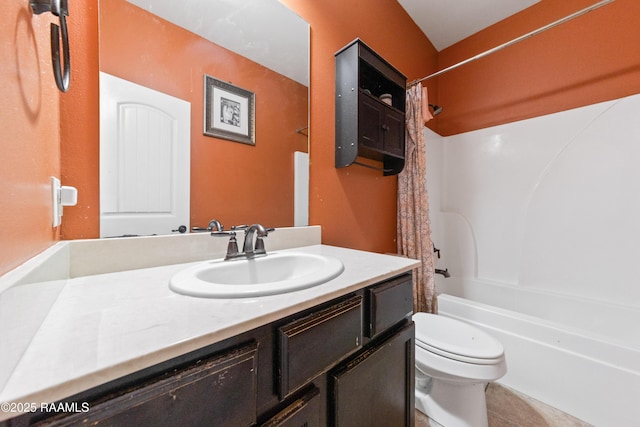 full bathroom with tile patterned flooring, vanity, shower / bathtub combination with curtain, and toilet