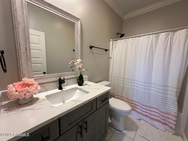 bathroom featuring vanity, ornamental molding, a shower with shower curtain, and toilet