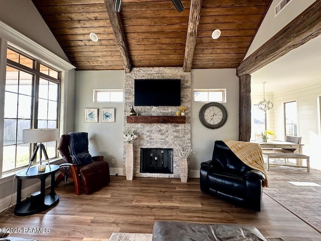 living room featuring lofted ceiling with beams, a stone fireplace, plenty of natural light, and wood ceiling