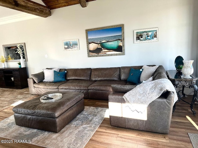 living room with hardwood / wood-style flooring and beam ceiling