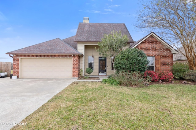 view of front of home with a front yard and a garage