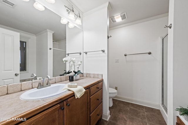 bathroom featuring toilet, vanity, walk in shower, and ornamental molding