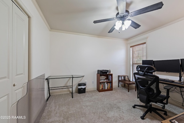 carpeted office featuring ceiling fan and crown molding