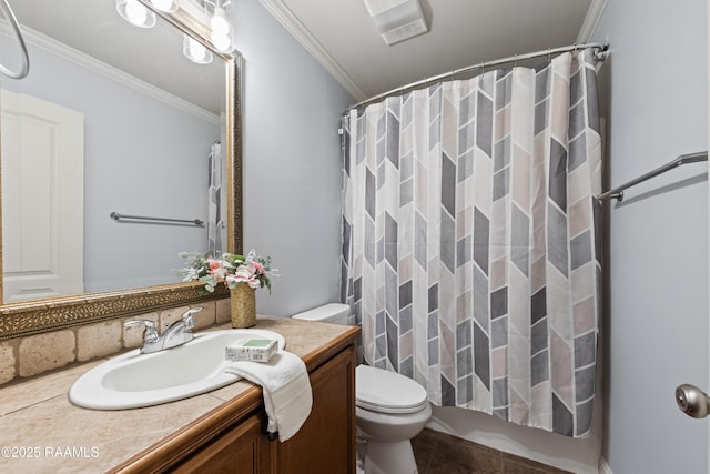 bathroom with curtained shower, toilet, vanity, and crown molding