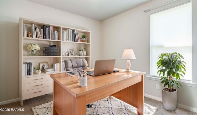 office space with dark colored carpet