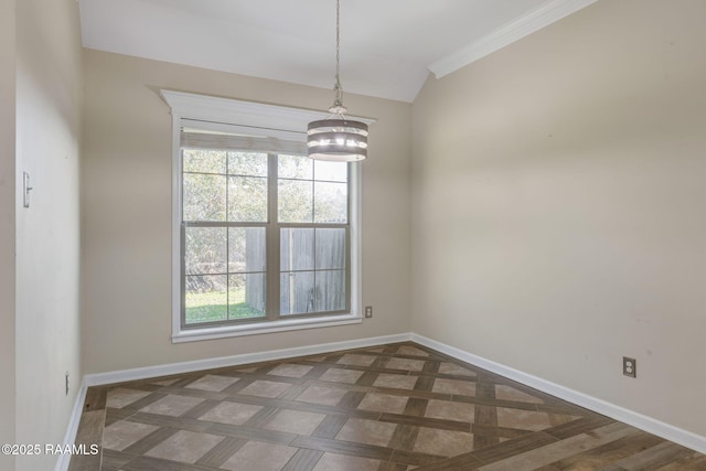 empty room with dark parquet flooring, crown molding, and an inviting chandelier