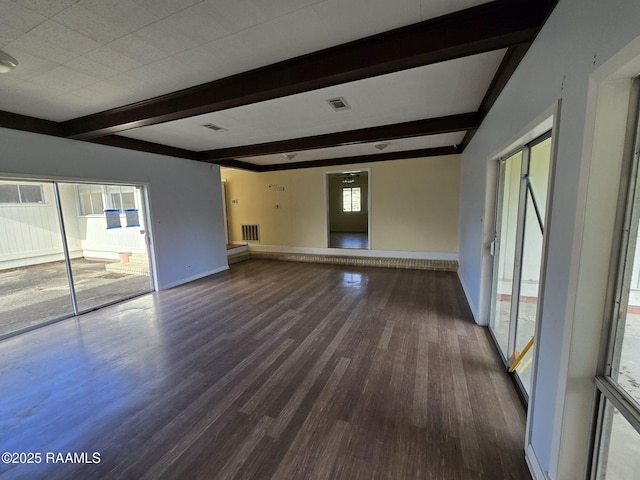 unfurnished living room featuring beam ceiling and wood-type flooring