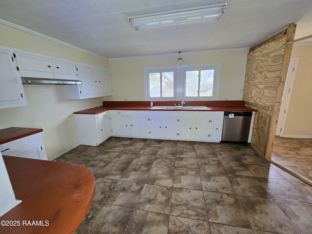 kitchen with stainless steel dishwasher, white cabinets, ornamental molding, and sink