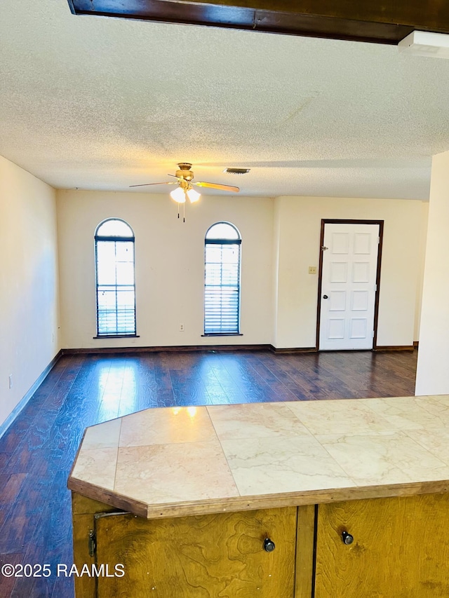 interior space featuring ceiling fan, dark hardwood / wood-style floors, and a textured ceiling