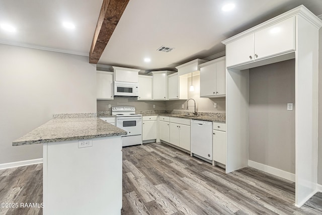 kitchen featuring wood-type flooring, kitchen peninsula, beamed ceiling, white appliances, and white cabinets