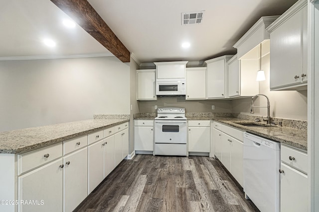 kitchen with dark hardwood / wood-style flooring, sink, white appliances, and white cabinets