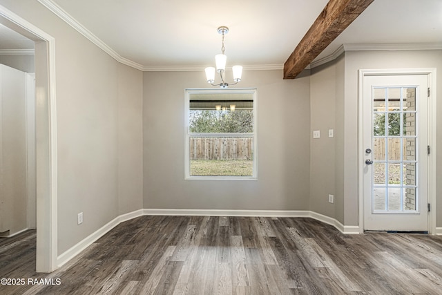 unfurnished dining area with a notable chandelier, beam ceiling, dark wood-type flooring, and ornamental molding