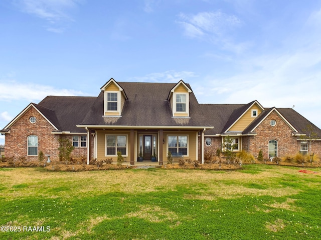 cape cod-style house with brick siding and a front lawn