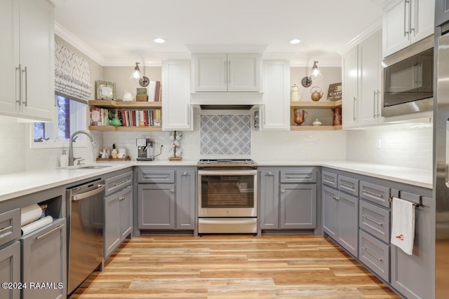 kitchen featuring gray cabinetry, sink, stainless steel appliances, backsplash, and white cabinets