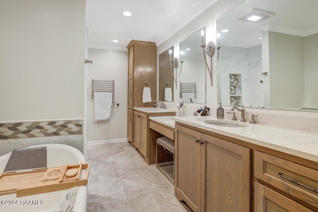 bathroom featuring vanity, a shower, and ornamental molding