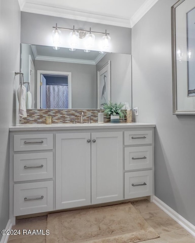 bathroom with vanity, tasteful backsplash, curtained shower, and crown molding