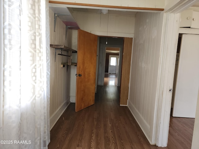 corridor featuring wood walls and dark wood-type flooring