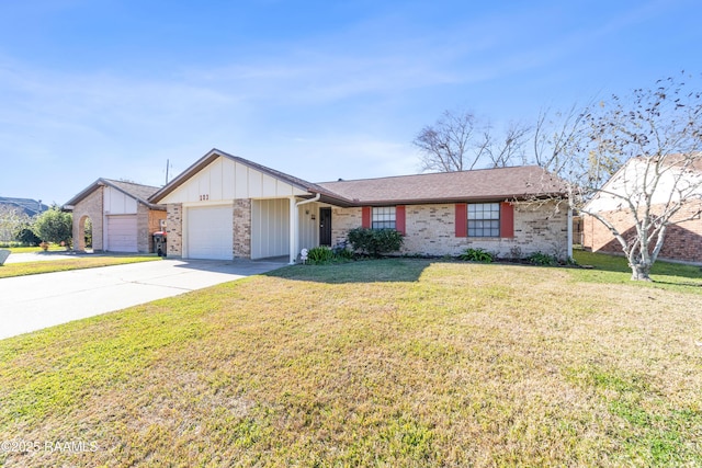 ranch-style home with a garage and a front yard