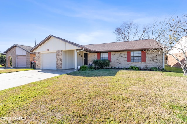 single story home with a garage and a front lawn