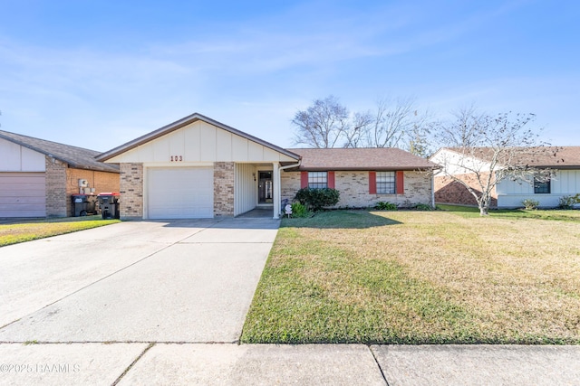 ranch-style house with a garage and a front lawn