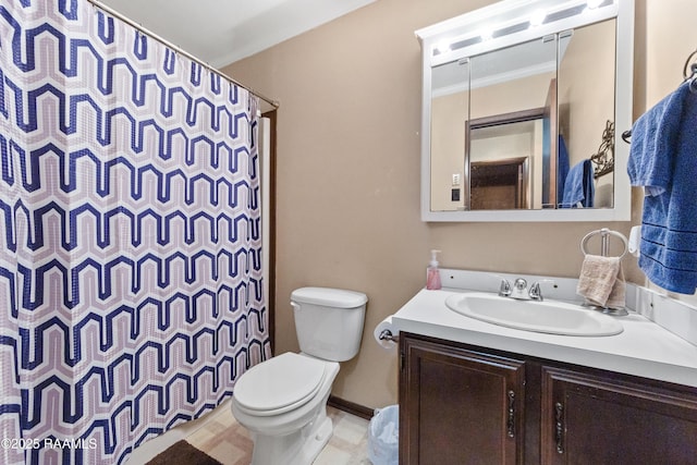 bathroom with a shower with shower curtain, vanity, toilet, and crown molding