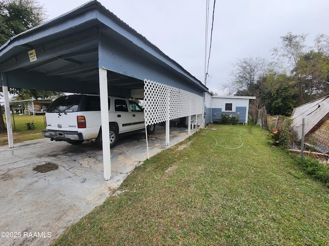 view of property exterior featuring an outbuilding and a lawn