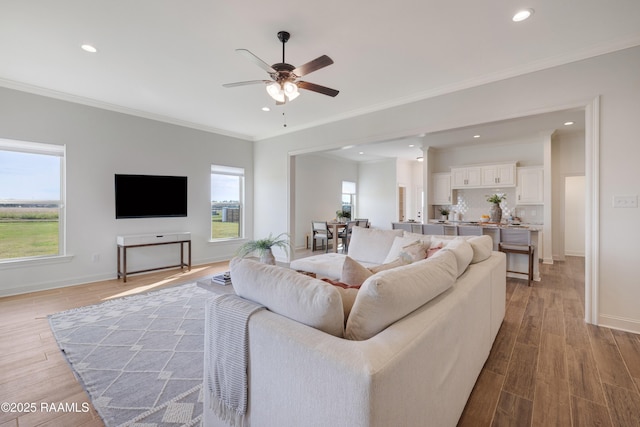 living room featuring hardwood / wood-style flooring, ceiling fan, and ornamental molding