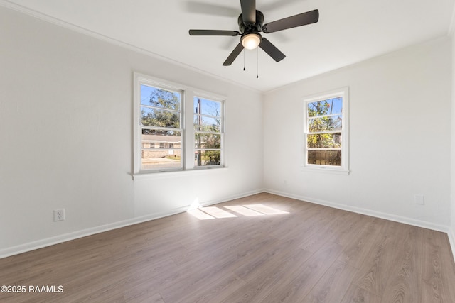 spare room featuring ceiling fan, light hardwood / wood-style floors, and ornamental molding