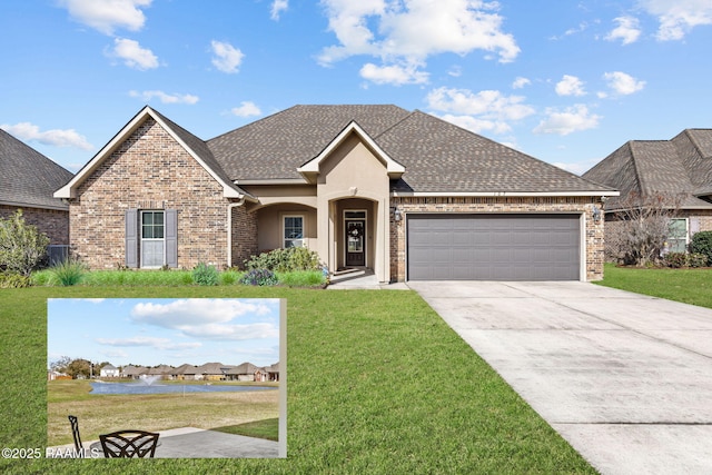 view of front of home with a garage and a front lawn