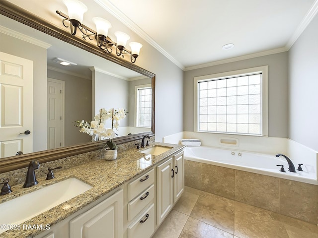 bathroom with tile patterned floors, ornamental molding, vanity, and tiled tub